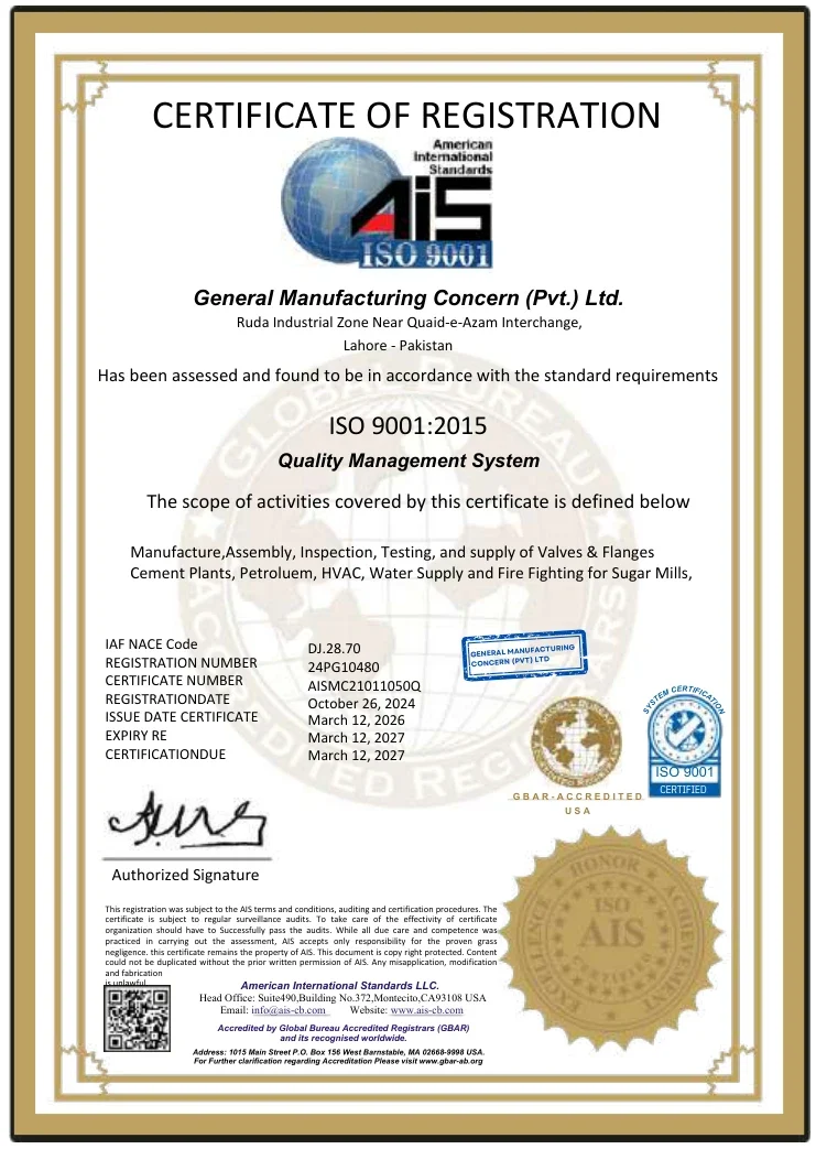 ISO 9001:2015 Certificate of Registration for General Manufacturing Concern (Pvt.) Ltd., issued by American International Standards LLC