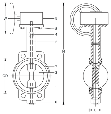 Butterfly Valve – PN-16 / Class 150, Gear Operated – dimensional drawing (from the GMC datasheet)