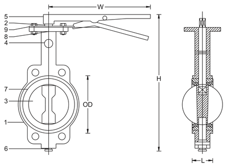 Butterfly Valve – PN-16 / Class 150, Lever Operated – dimensional drawing (from the GMC datasheet)